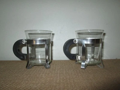 Pair of 2  Vtg BODUM Bistro Chambord Glass Mugs Stainless Steel Black Handles - Image 1 of 4