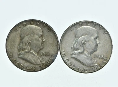 Lot 2 Higher Grade - Franklin Half Dollar 1951-S 1952 $1 90% Silver *465 - Image 1 of 3
