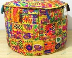 Indian Floral Cotton Yellow Foot Stool Seating Handcrafted Ottoman Pouf - Picture 1 of 8