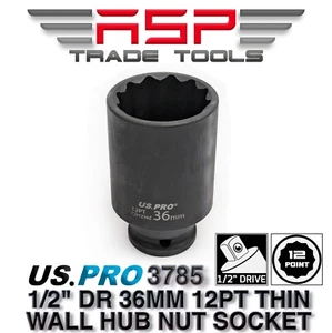 US PRO Tools 36mm Deep 1/2" Dr Impact Thin Walled Hub Nut Socket 12PT 3785 - Picture 1 of 4