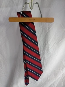VTG Savile Row Men's Red 100% Organzine Silk Necktie White Navy Blue Stripes - Picture 1 of 2