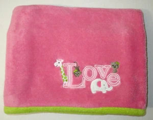 Just One You Love Pink Green Edge Baby Blanket Elephant Giraffe Monkey Plush - Picture 1 of 4