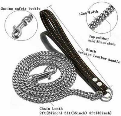 3ft 10mm Pet Dog Leash Stainless Steel Chew Proof Cuban Link with Leather Handle - Image 1 of 4