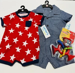 Baby Boy Patriotic Outfit Newborn 0 3 Carters Denim Chambray Romper -Nuby Toy - Picture 1 of 7