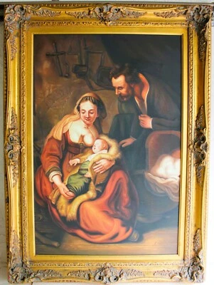 LARGE OIL PAINTING CANVAS SIGNED C KRAMER AFTER REMBRANDT VAN RIJN HOLY FAMILY - Image 1 of 4