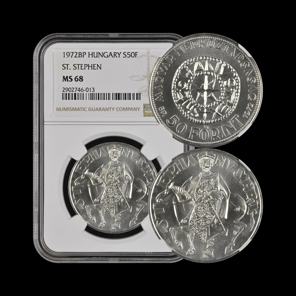 HUNGARY. 1972, 50 Forint, Silver - NGC MS68 - Top Pop 🥇 Saint Stephen, RARE - Image 1 of 4