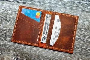 Handgefertigte Leder-Geldbörse mit Doppelfaltung Kartenetui rustikal braun - Bild 1 von 5
