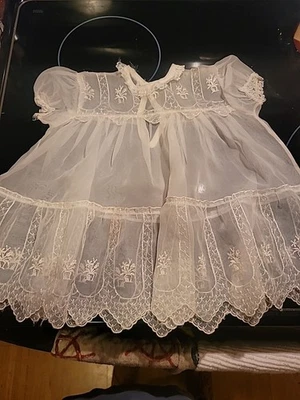 Antique Vintage Baby Infant Christening Baptism Linen Lace Gown Dress - Image 1 of 4