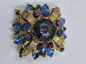 Vintage Heliotrope Watermelon Rivoli Rhinestone Molded Glass Goldtone Brooch,... - Picture 1 of 5
