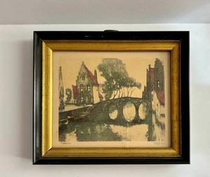 "Mini Julien Celos Village Canal 4 X 5"" impresión madera enmarcada dorado y negro 7 X 6"" de colección" - Imagen 1 de 9