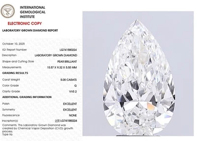5.05 Pear Lab Grown Diamond For Engagement Wedding Ring IGI Certify G VVS2 - Image 1 of 4