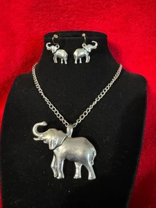 Silvertone Elephant Pendant Necklace & Dangle Earring Set - Picture 1 of 4