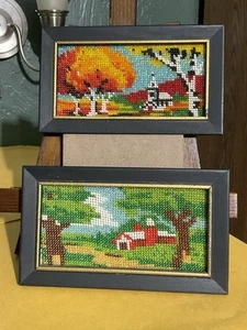Lot Of 2, Vintage Handmade Beaded Picture Art In Wood Frames 6.5”x3.5” Each - Picture 1 of 2
