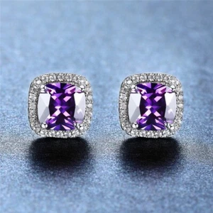Men Women Sterling Silver  Plated Cubic Zirconia Square Stud Earrings E36 - Picture 1 of 40