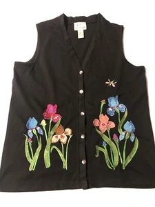 QUACKER FACTORY Black Polyester Knit Vest SIZE L Applique Irises Beads - Imagen 1 de 6