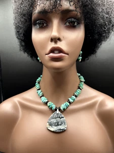 NATURAL PICASSO JASPER PENDANT MAGNESITE TURQUOISE NECKLACE EARRING SET - Picture 1 of 20
