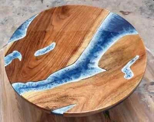 30" Round Ocean Wave Epoxy Resin Coffee Table Wooden Live Edge Garden Furniture - Picture 1 of 8