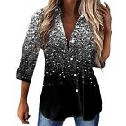 Summer Womens Fine Glitter 3D Print Blouse Large Size Long Sleeve T Shirt XS-8XL