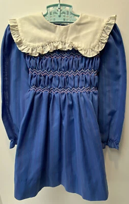 Vtg Polly Flinders Sz 6 Smocked Blue Stripe Prairie Dress Thin SHEER Cottagecore - Image 1 of 4