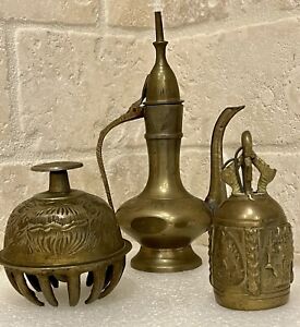Vintage Brass Elephant Claw Temple Bell, Engraved Dome Bell And Ewer Hinged Lid
