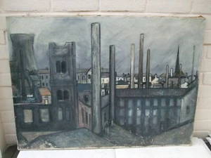 20TH CENTURY WATERCOLOUR ON CANVAS A VIEW OF INDUSTRIAL LANDSCAPE BY PETTY - Picture 1 of 9