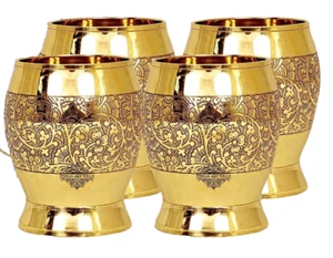 Pure Brass Glass Tumbler Half Embossed Design for Drinking Serving, Set of 4 Pcs - Picture 1 of 5