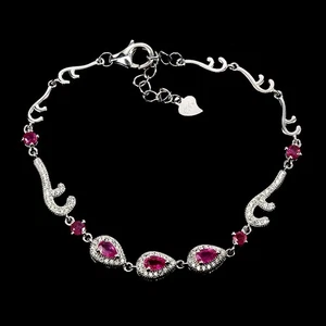 925 Sterling Silver Bracelet Pear Ruby 4x3mm Natural Gemstone Jewelry 7inches - Picture 1 of 13