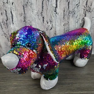 Inter-American Metallic Flip Sequin Daschund Wiener Dog Plush RAINBOW SILVER 18" - Picture 1 of 8