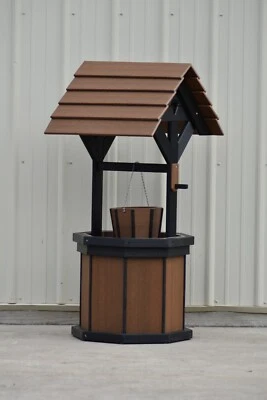 4 ft. Poly Wishing Well; w Planter Bucket; Wood Looking, Antique Mahogany/Black - Image 1 of 2