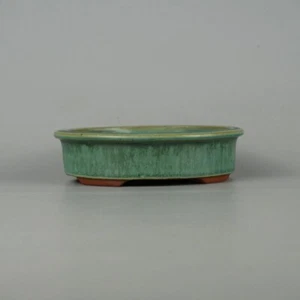 Japanese bonsai pot TOKONAME YOZAN Oval shape W14.8cm H4cm Green Glazed - Picture 1 of 24