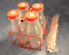 Zebra AS Denmark x4 Milk Glass Bottles with Straws in Red Wire Carry Basket