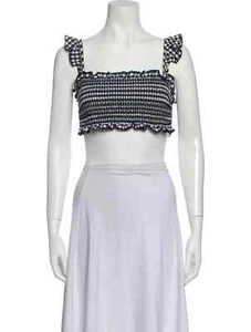 Tory Burch Blue & White Gingham Plaid Smocked Ruffle Cropped Top, Size M - Picture 1 of 6