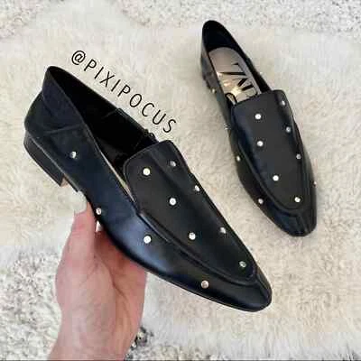 ZARA NEW 100% LEATHER STUDDED FLAT LOAFERS / MULES BLACK US 6.5 /  EU 37 - Image 1 of 4