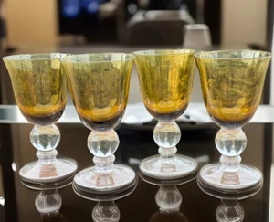 4 Vtg Hand Blown Amber Bulbous Clear Ball Stem Water Wine Goblets Glasses - Picture 1 of 6
