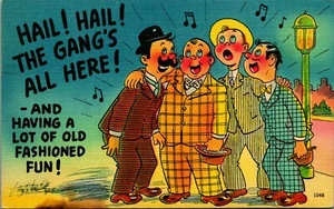Comic Barbershop Quartet Hail Hail the Gang's All Here Linen Postcard E8 - Picture 1 of 2