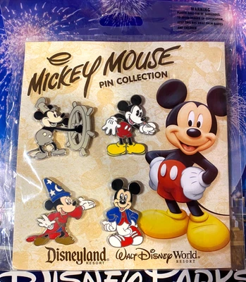 ⛵ Disney Mickey Mouse 4 Pin Booster Set Steamboat Willie & Sorcerer Mickey Pins - Image 1 of 2