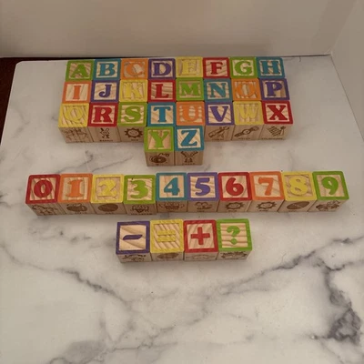 Wood Blocks Set Letters Numbers Animals Foods - Clean Condition - Lot of 40 - Image 1 of 3