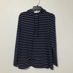 Talbots Navy Blue White Striped Kangaroo Pocket Pullover Hoodie Women's Medium - Picture 1 of 3