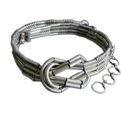 Antigo cinto tubo de metal anos 70 anos 80 prata tonificado art déco nó fivela boho corrente elo - Imagem 1 de 4