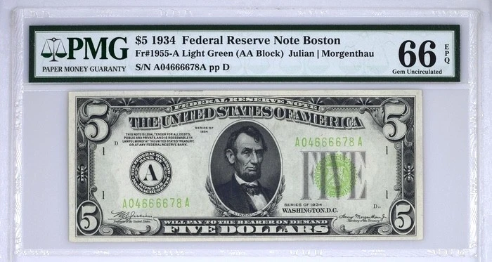1934 $5 Federal Reserve Note PMG 66 EPQ - Top Pop - Boston - Light Green Seal - Image 1 of 2