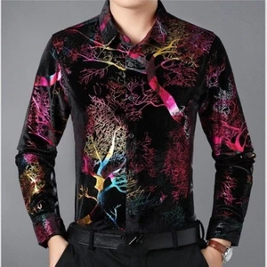 Men Velvet Shirts Casual Long Sleeve Blouse Flower Pleuche Tops Formal Business - Picture 1 of 14
