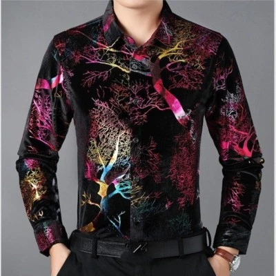 Men Velvet Shirts Casual Long Sleeve Blouse Flower Pleuche Tops Formal Business - Image 1 of 4