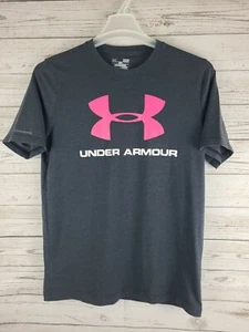 Under Armour Women's Gray T-Shirt Pink Logo Size Small Short Sleeve Unisex - Picture 1 of 12