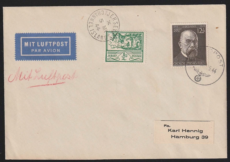 1944 JERSEY - GERMAN WWII FELDPOST Cover Airmail to Hamburg - Image 1 of 1