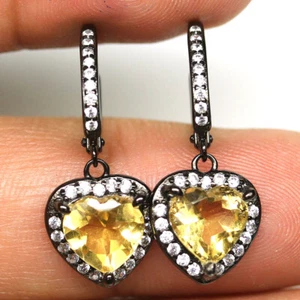 925 Argento Sterling 8 x 8 MM Giallo Citrino & Zircone Orecchini Nero Oro Coated - Foto 1 di 4