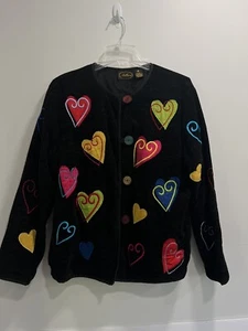 Vintage Sweater W/Hearts Colorful Fun  Med.Black W/Hearts Applique Valentines - Picture 1 of 10