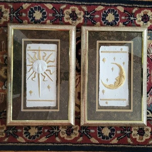 VTG Set Celestial Sun & Moon Embossed Pressed Paper Framed Wall Art 18" X 12" - Picture 1 of 6