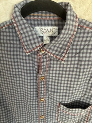 Camisa Ryan Michael Para Hombres M Azul Manga Larga Mezcla Seda Occidental Texturizada Cuadros Foto 1 de 4