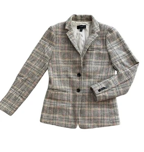 J. Giacca blazer donna Crew beige 100% lana a quadri con pied de poule taglia 4 preppy - Foto 1 di 5