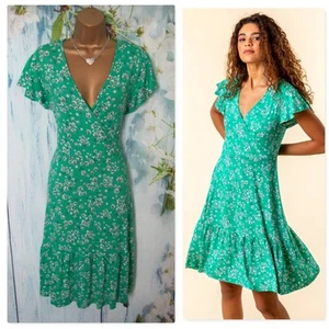 NEW LADIES ROMAN DRESS SIZE 14, Green Floral Print V neck Wrap Tea Dress Summer - Picture 1 of 11